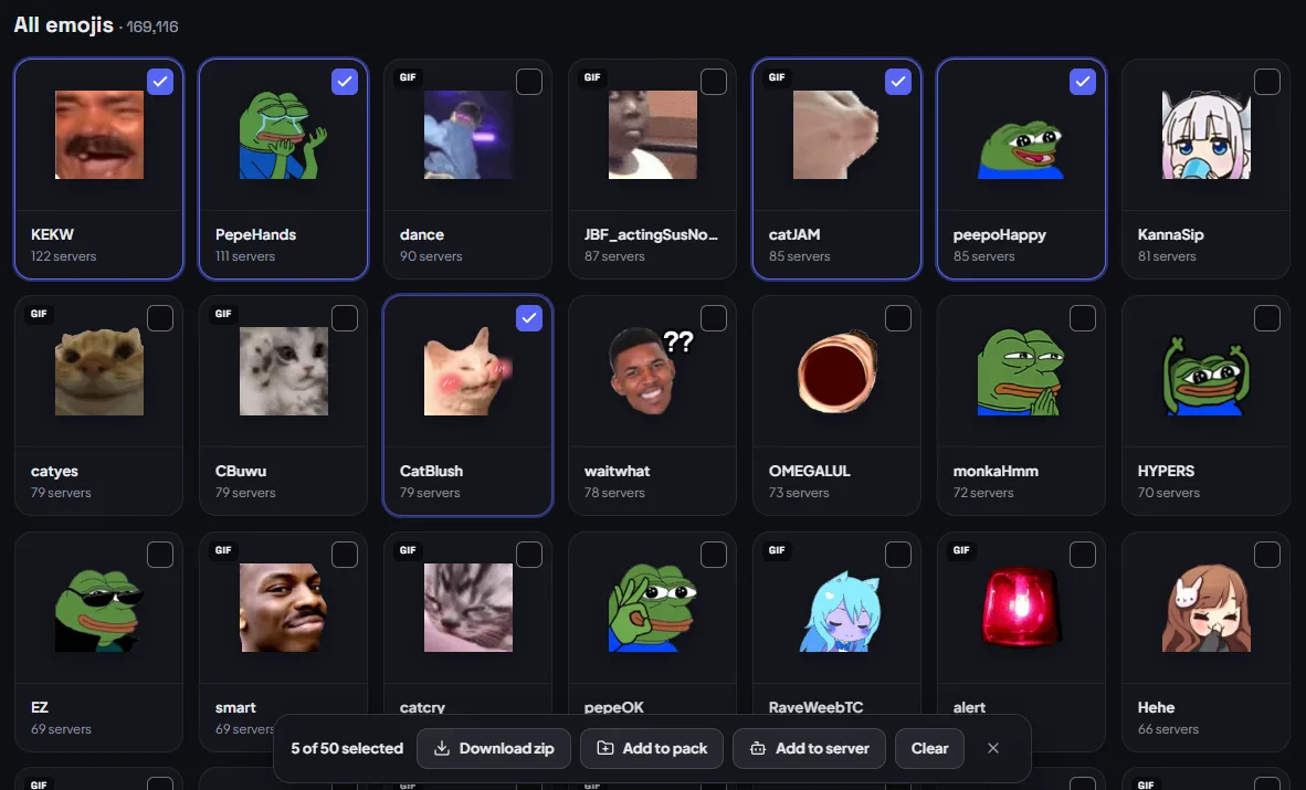 Five emojis selected in the grid, with a bar offering Download zip, Add to pack and Add to server.
