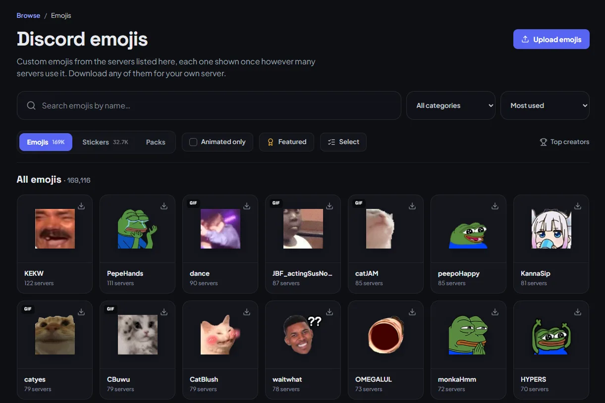 The emoji directory: a search bar, category and sort menus, and a grid of popular Discord emojis.