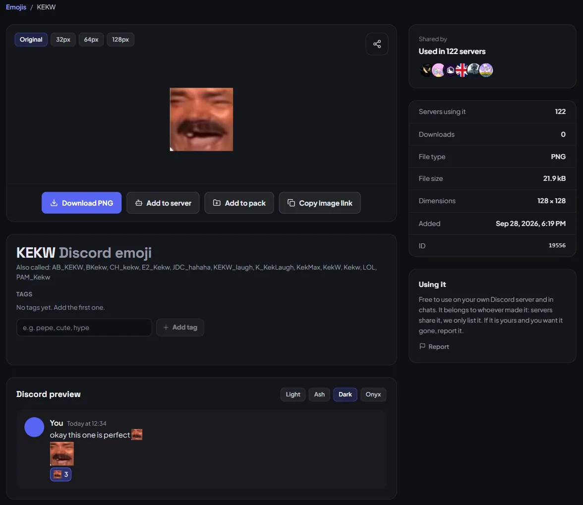 An emoji page with a 128 px preview, a Discord message preview in the Dark theme, and Download, Add to server and Add to pack buttons.
