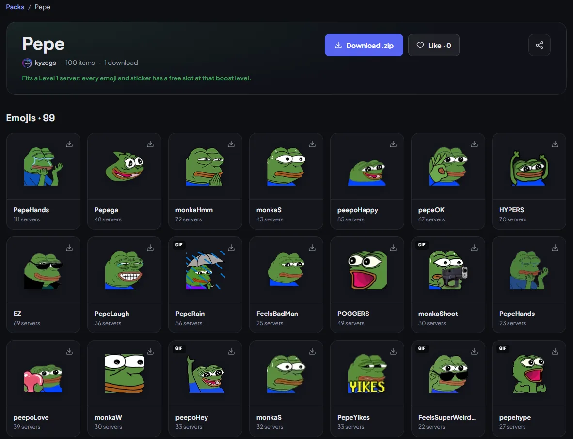 A pack page: the Pepe pack with 100 items, a note that it fits a Level 1 server, a Download .zip button and its emojis in a grid.