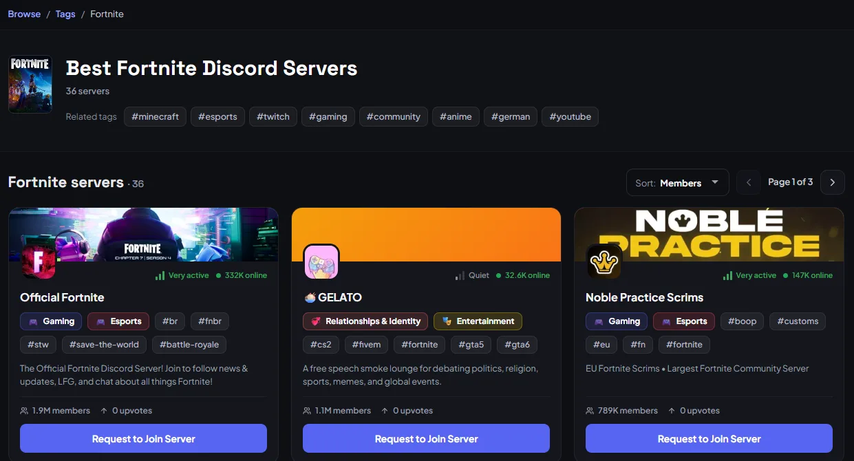 The Fortnite tag page on TheDiscordList, showing the cover artwork, the server count, related tags and the first matching servers.