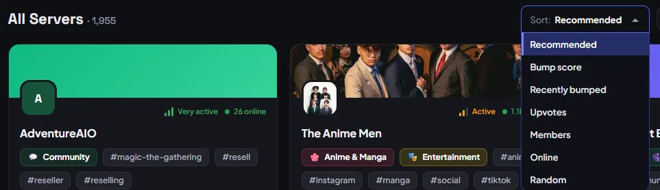 The sort menu on TheDiscordList: Recommended, Bump score, Recently bumped, Upvotes, Members, Online and Random.