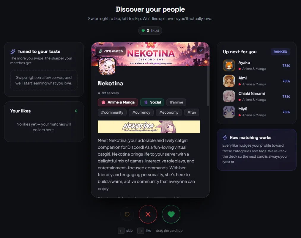 A Discover card on TheDiscordList with its match percentage, categories and tags, the skip and like buttons, and the Up next for you panel.