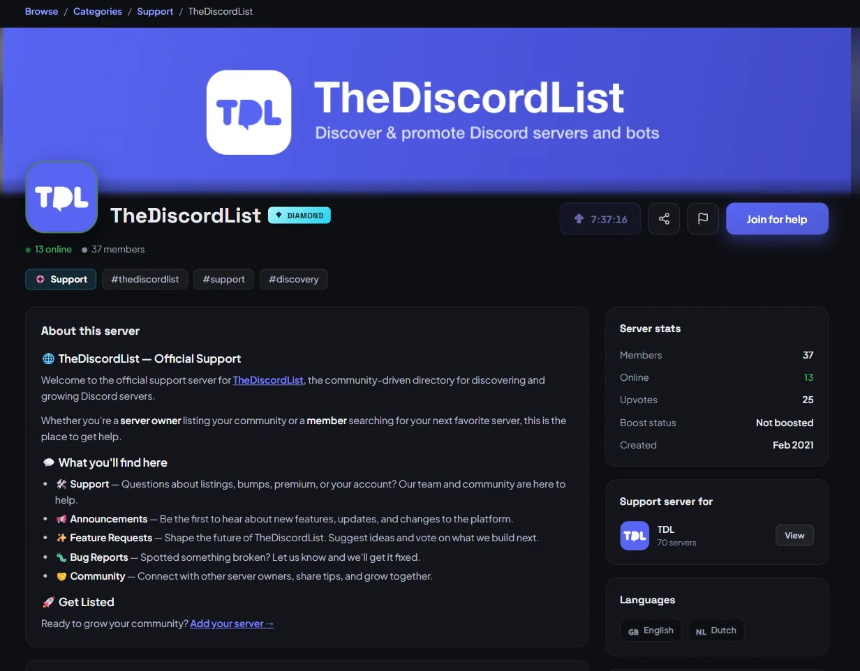A public server page on TheDiscordList with its banner, tier badge, join button, tags, About section, server stats and languages.