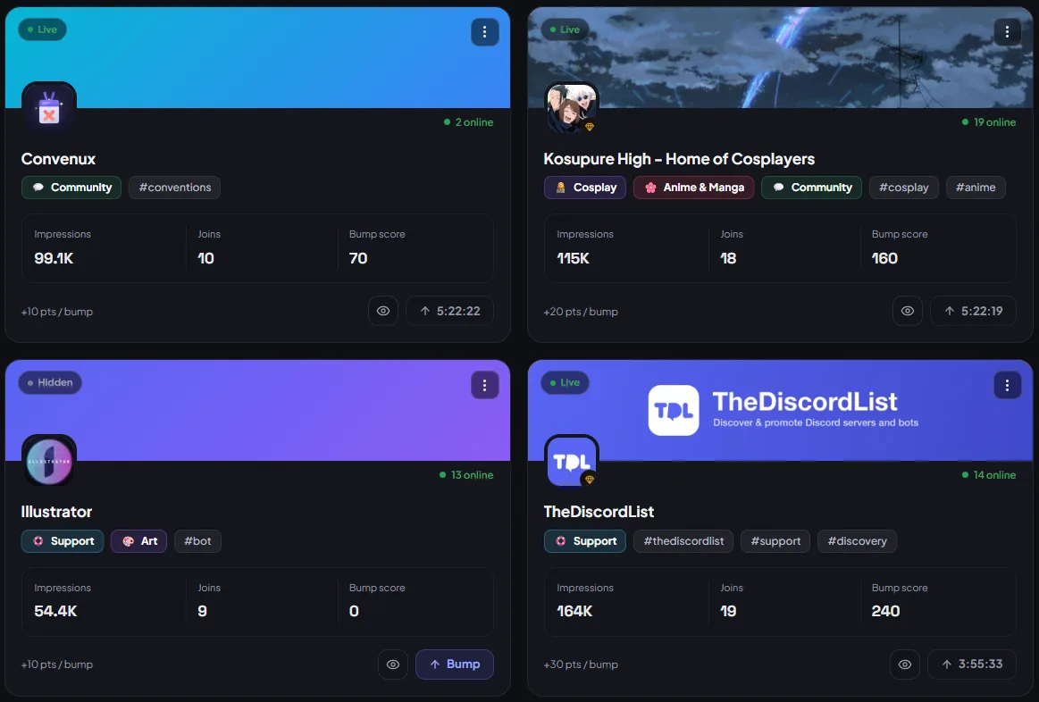 Listing cards on the TheDiscordList dashboard: a Bump button, the points each bump earns, and a countdown to the next bump.