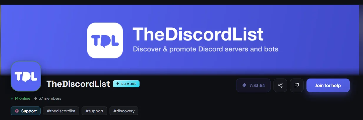 A listing header on TheDiscordList with the flag-shaped Report button next to Share and the join button.