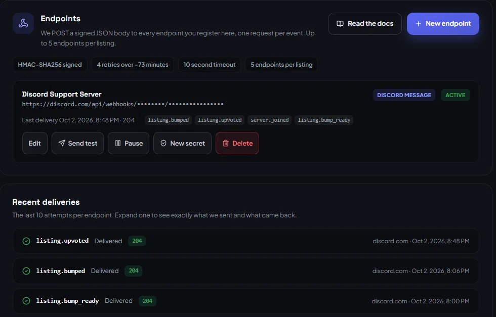 An endpoint on the Webhooks tab subscribed to listing.bumped, listing.upvoted, server.joined and listing.bump_ready, with the Send test, Pause and New secret buttons and three recent deliveries.