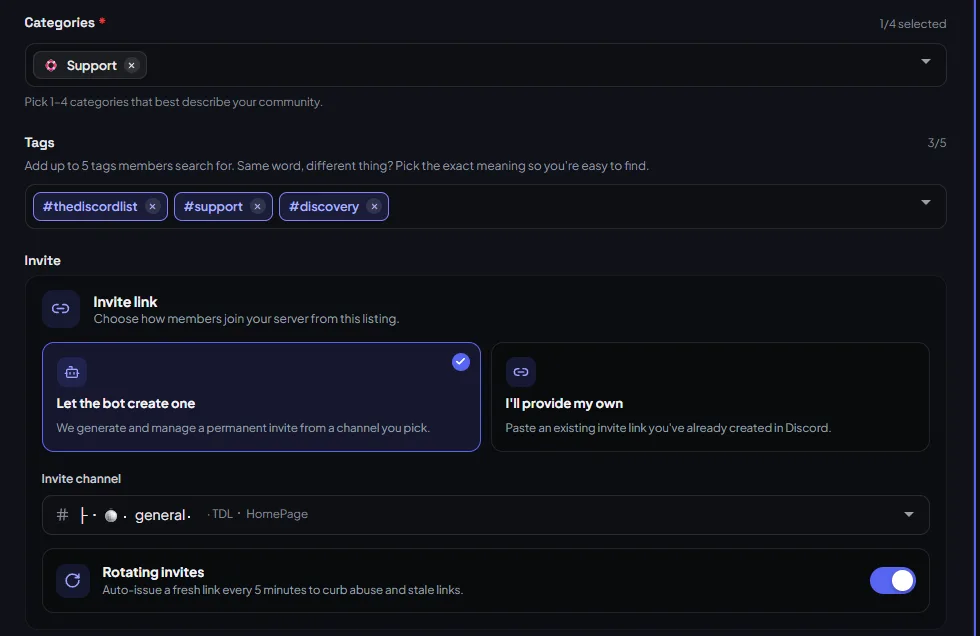 The Details tab of a TheDiscordList listing: one category, three of five tag slots filled, and the invite settings below.