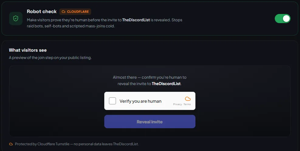 The Robot check setting on a TheDiscordList listing, with a preview of the Cloudflare challenge visitors pass before the invite is revealed.