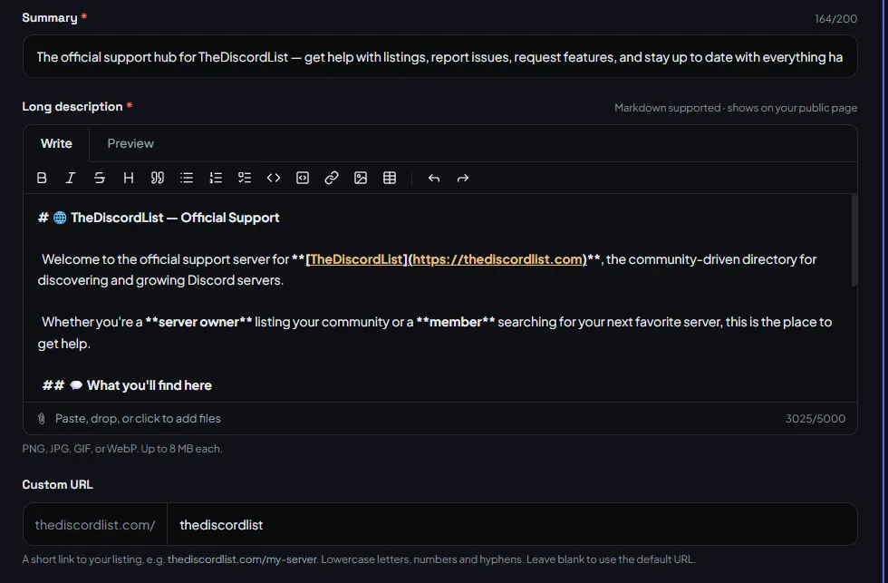 The Details tab of a TheDiscordList listing: the Summary field, the Markdown description and the custom URL.