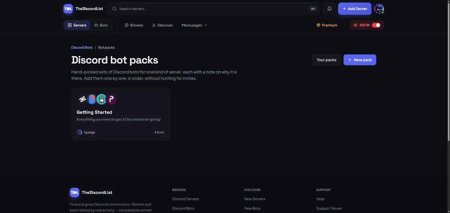 The bot packs page