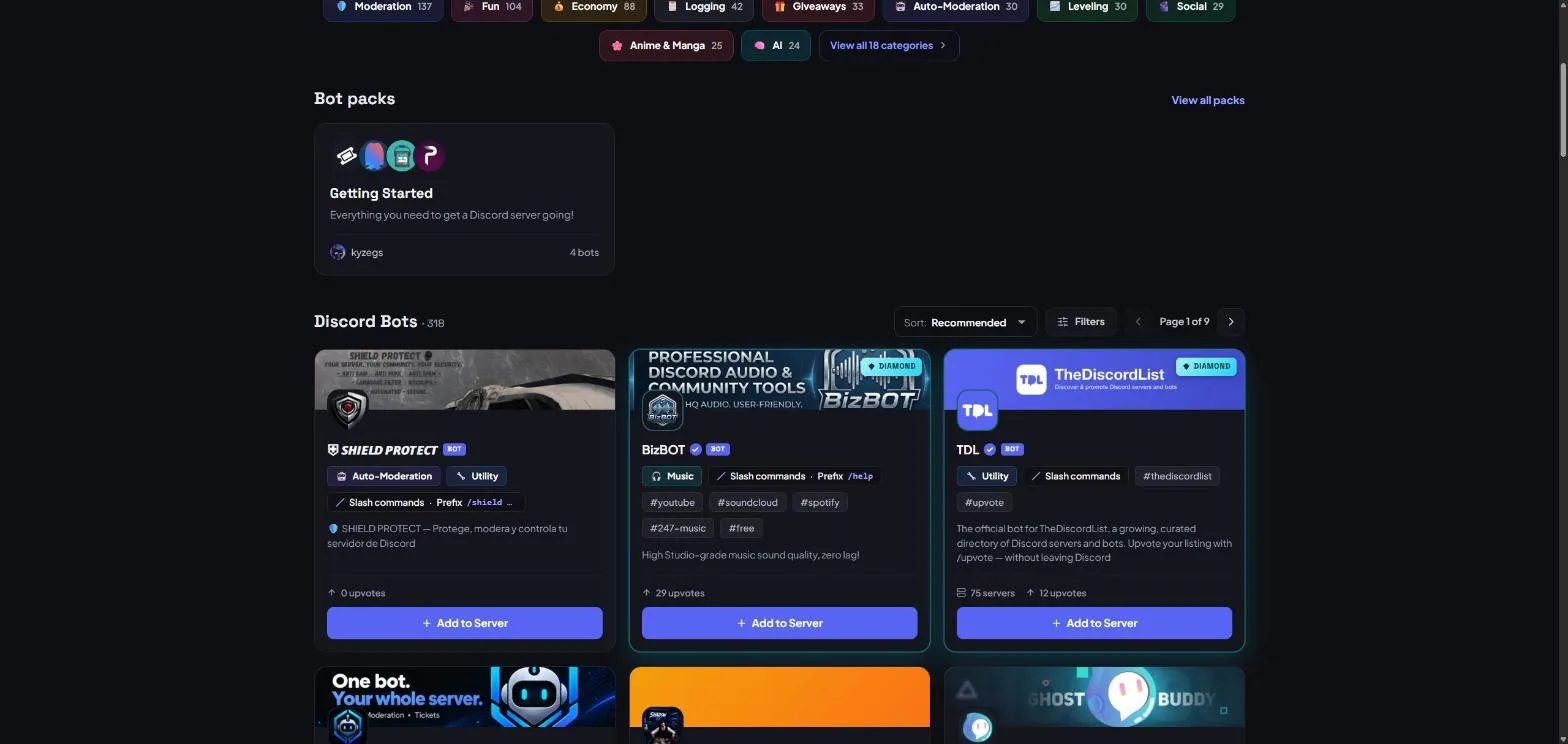 Bot packs on the Discord Bots page