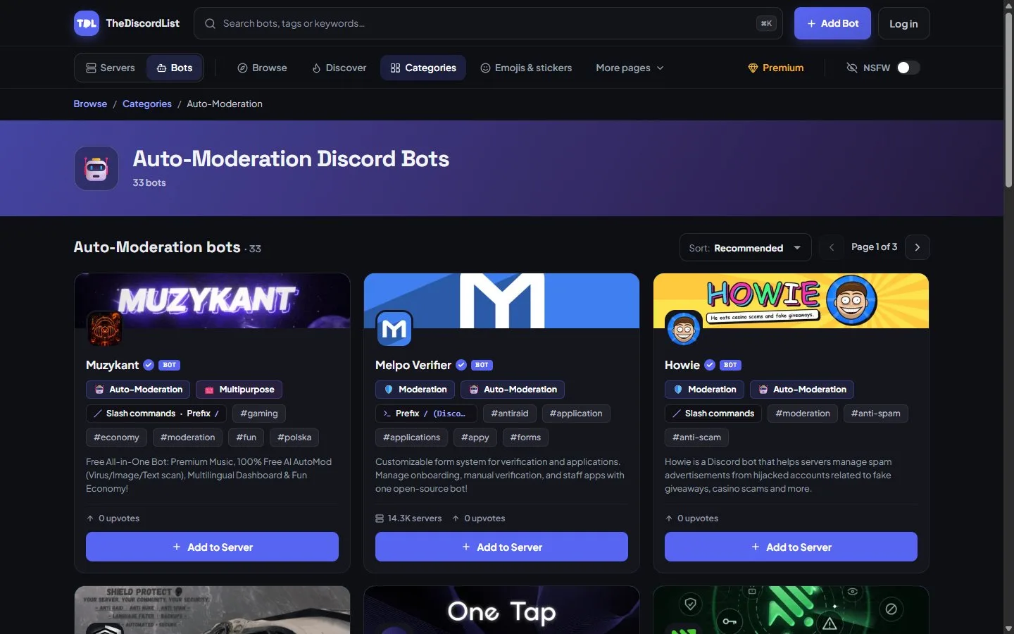 The Auto-Moderation Discord Bots category on TheDiscordList, listing auto-moderation bots with their tags and Add to Server buttons.