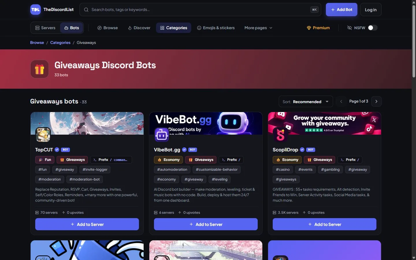 The Giveaway Discord Bots category page on TheDiscordList with a grid of giveaway bots, their tags and Add to Server buttons.