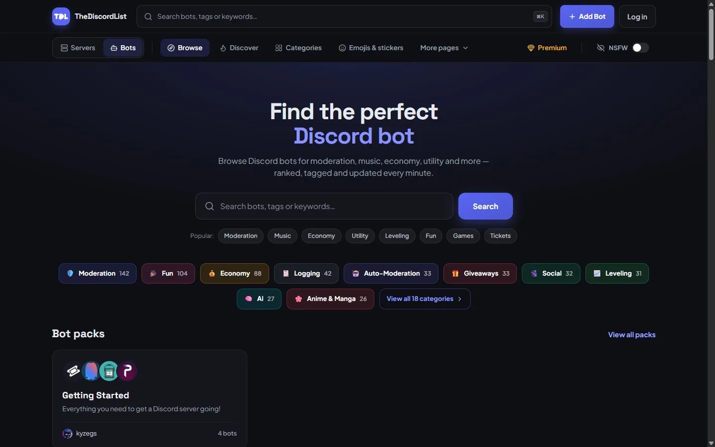 The Discord bots landing page on TheDiscordList with a search field, popular searches, bot categories such as Moderation, Fun, Economy, Logging and Auto-Moderation with counts, and a Getting Started bot pack.