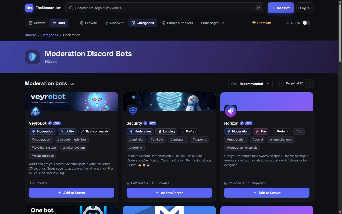 The Moderation Discord Bots category page on TheDiscordList with 142 bots, each card showing categories, tags, server count and an Add to Server button.
