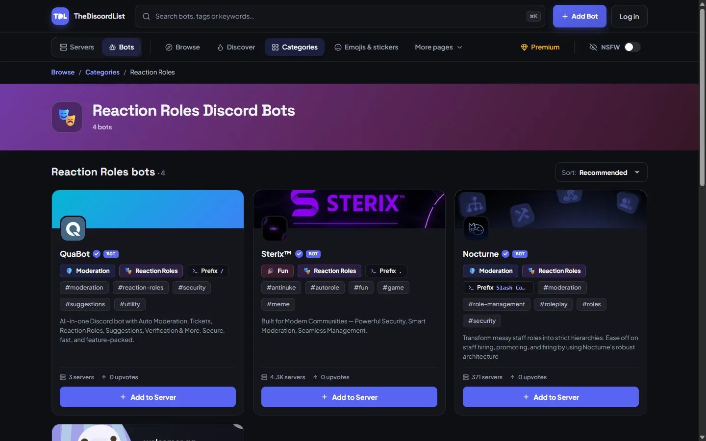 The Reaction Role Discord Bots category page on TheDiscordList with reaction role bots and their Add to Server buttons.