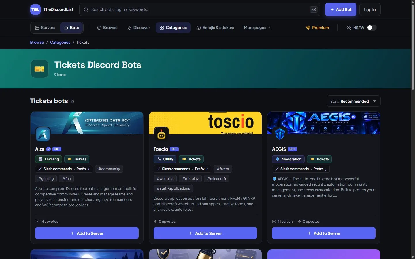 The Tickets Discord Bots category page on TheDiscordList with ticket bots such as Alza, Toscio and AEGIS.