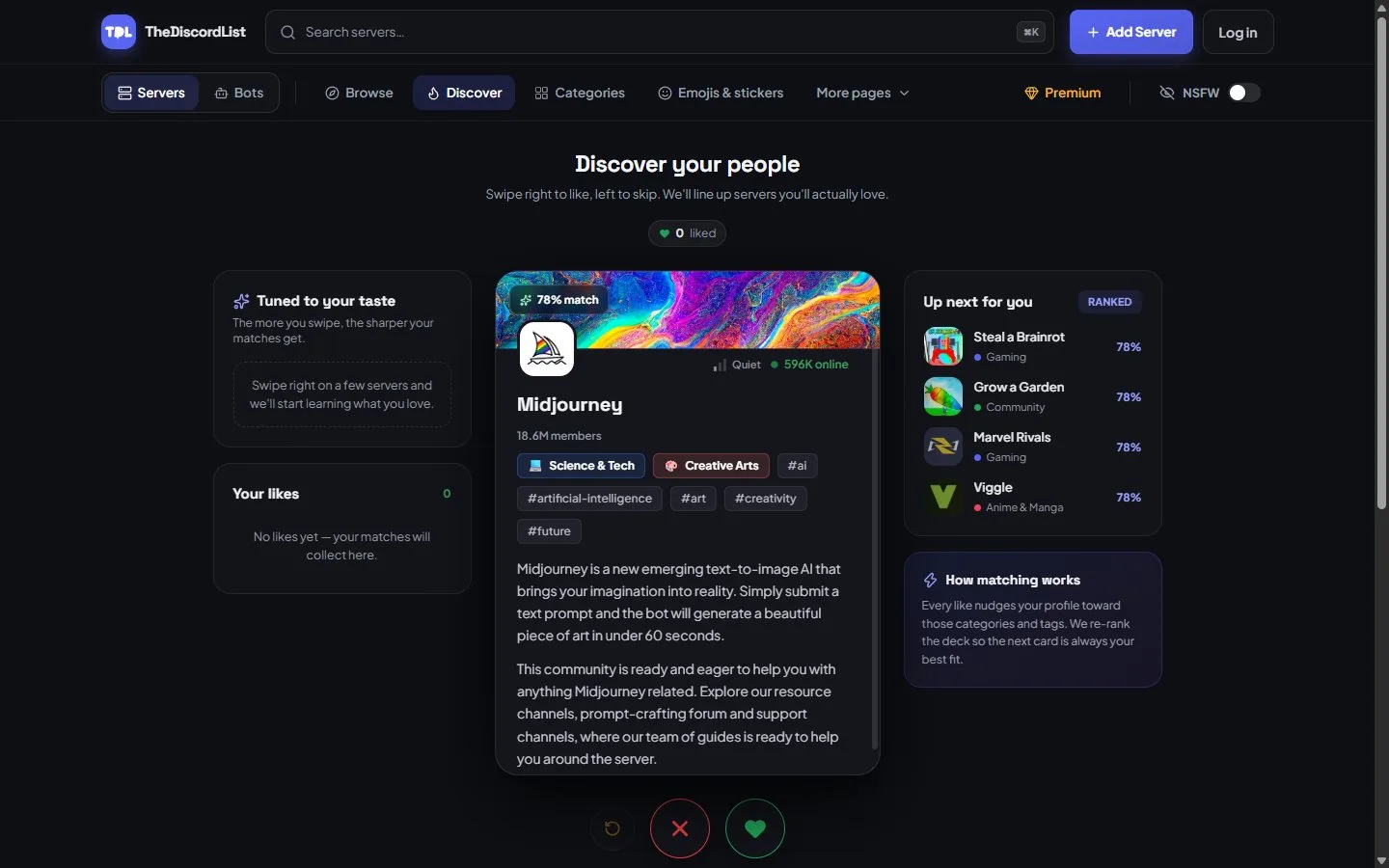 The Discover page on TheDiscordList: a server card with its match percentage, member and online counts, categories and tags, the rewind, skip and like buttons, and the Up next for you list.