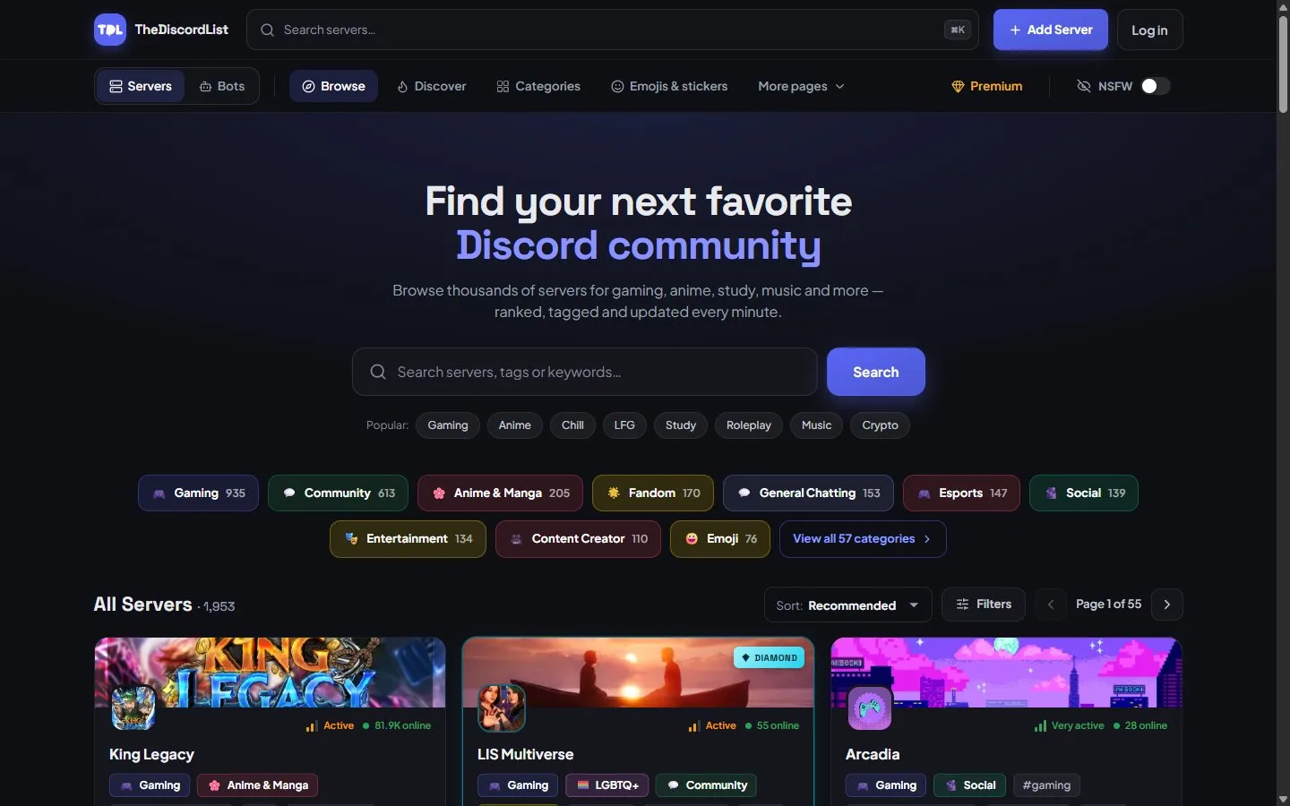 The TheDiscordList homepage: a search box, popular searches such as Gaming, Anime, Chill and LFG, server categories with counts, and the first server cards sorted by Recommended.