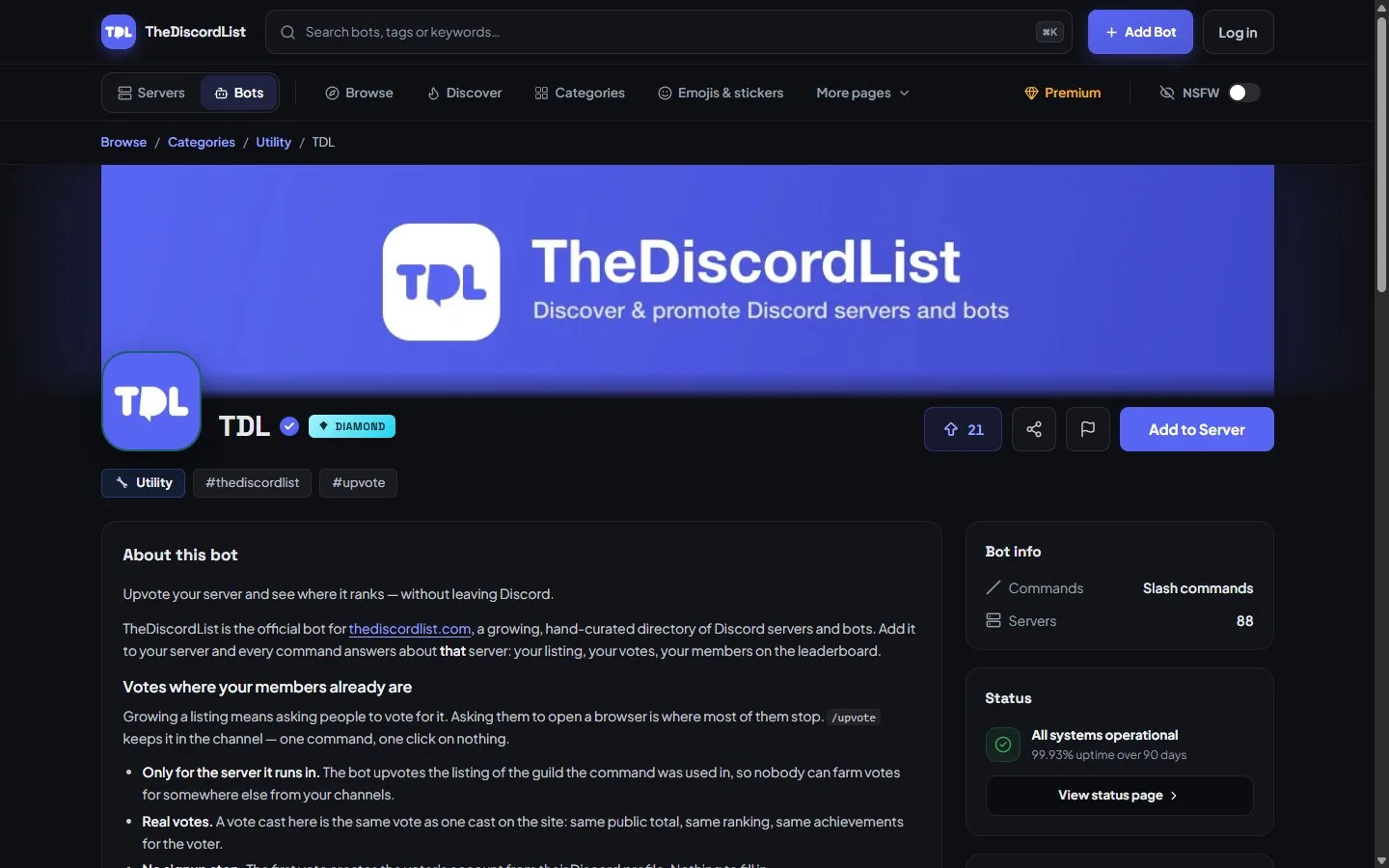 A bot listing on TheDiscordList: banner, verified check mark, Diamond badge, Utility category and tags, upvote count, Add to Server button, a Bot info card with slash commands and server count, and a Status card showing 99.93% uptime over 90 days.