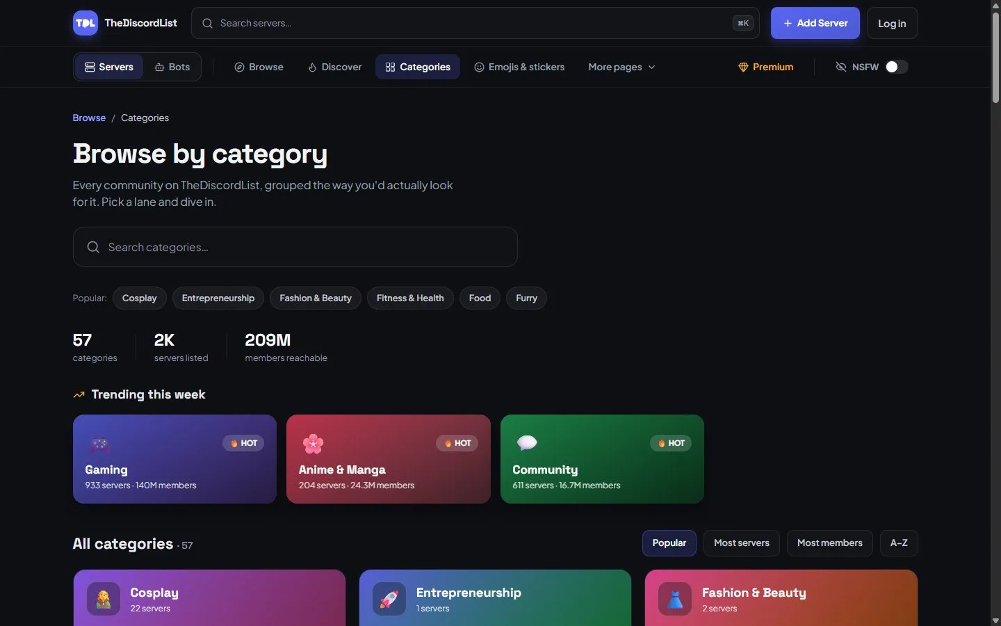 The Discord server categories page on TheDiscordList with a search field and category cards with server counts.