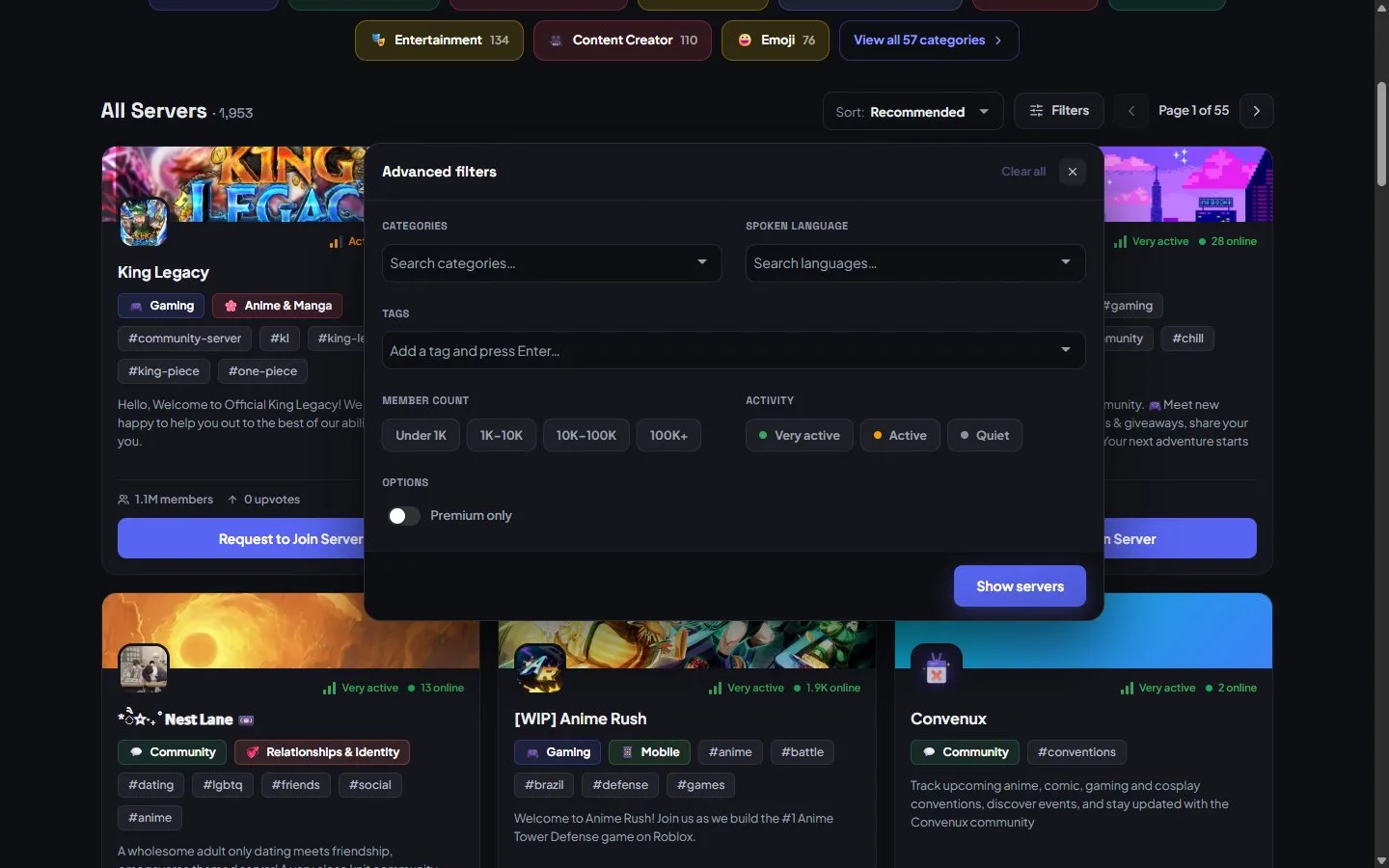 The Advanced filters panel on TheDiscordList with categories, spoken language, tags, member count buckets, activity levels and a Premium only switch.