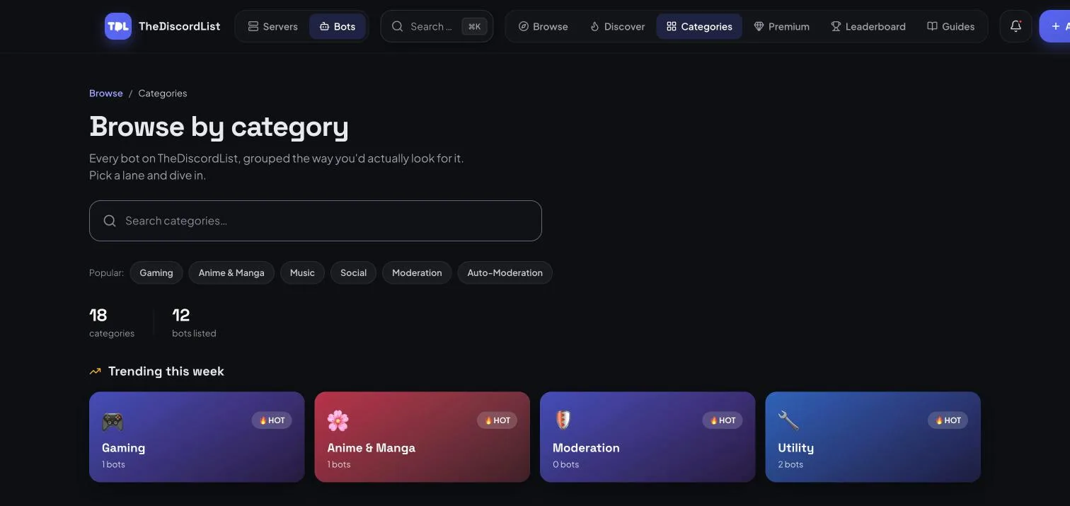 The bot category directory showing a search field, popular categories, total counts and trending category cards