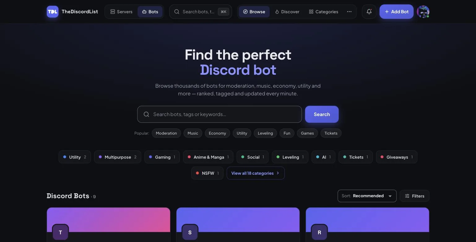 The Discord bots landing page with a search field, popular tags and a row of bot categories