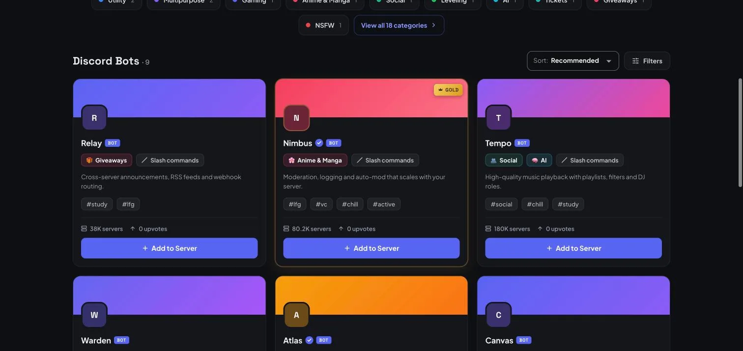 A grid of Discord bot cards showing categories, tags, server counts and Add to Server buttons