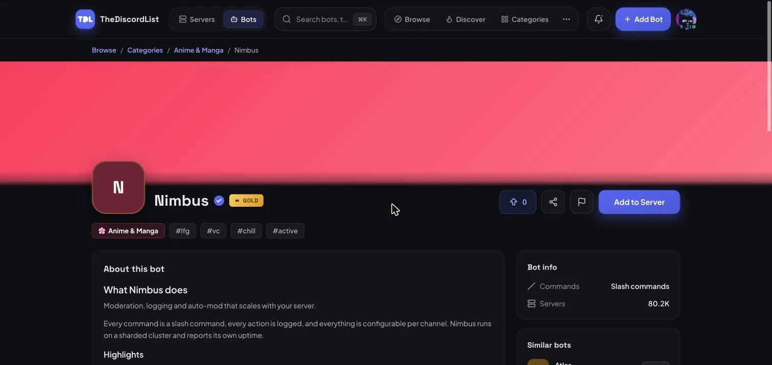 A Discord bot listing page showing the bot's banner, name, verified badge, categories, tags and Add to Server button