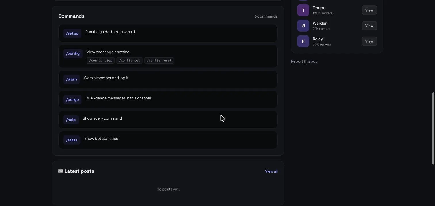 The commands card on a bot listing, listing slash commands such as /setup and /config with their descriptions and subcommands