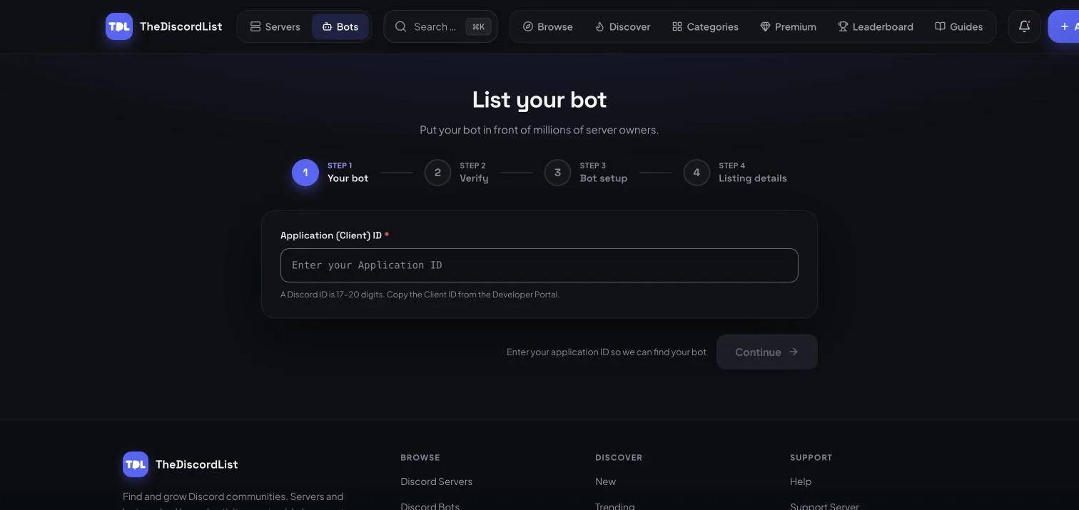 Step one of the list-your-bot wizard, showing the four steps Your bot, Verify, Bot setup and Listing details, with a field for the Application ID