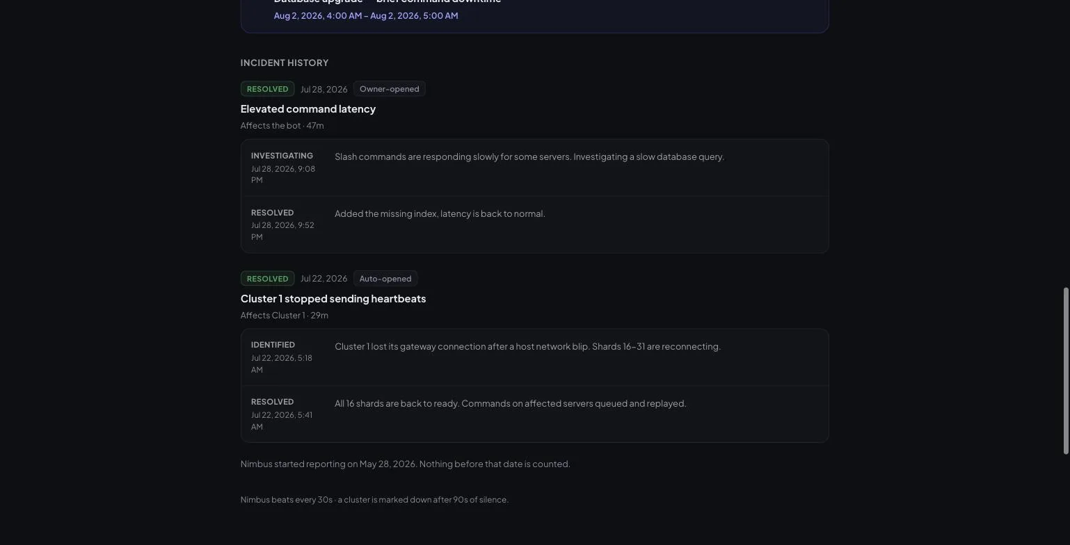 An incident history timeline showing a resolved incident with owner-written updates and timestamps