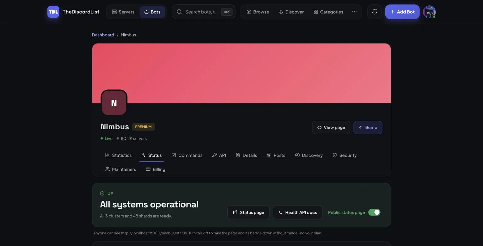 The Status tab in a bot's manage screen, showing an operational summary, links to the status page and API docs, and a public status page toggle