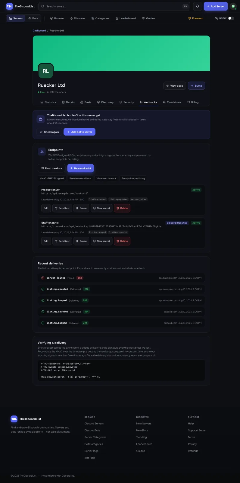 The Webhooks tab, showing two registered endpoints and their recent deliveries