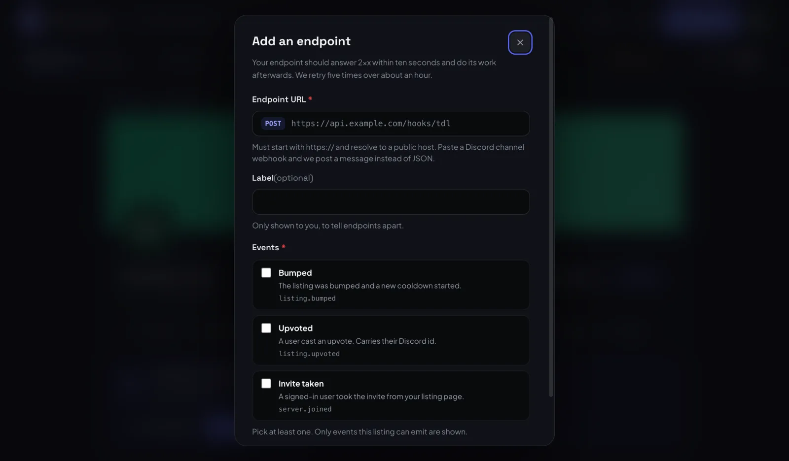 Adding an endpoint: the URL field, an optional label, and the event checkboxes