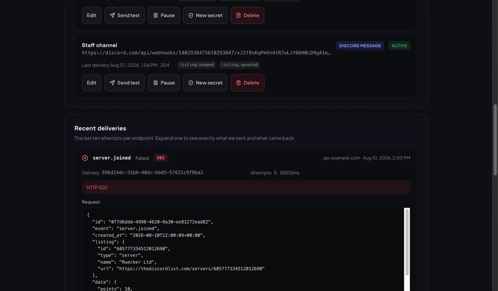 An expanded delivery showing a failed attempt with its response and payload