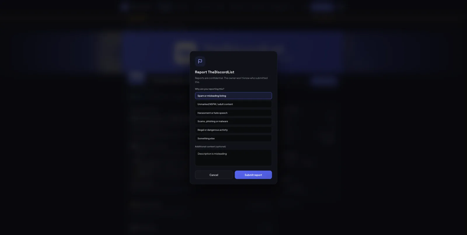 The report form on TheDiscordList with a list of report reasons, such as spam, unmarked NSFW, harassment and scams, and a details field