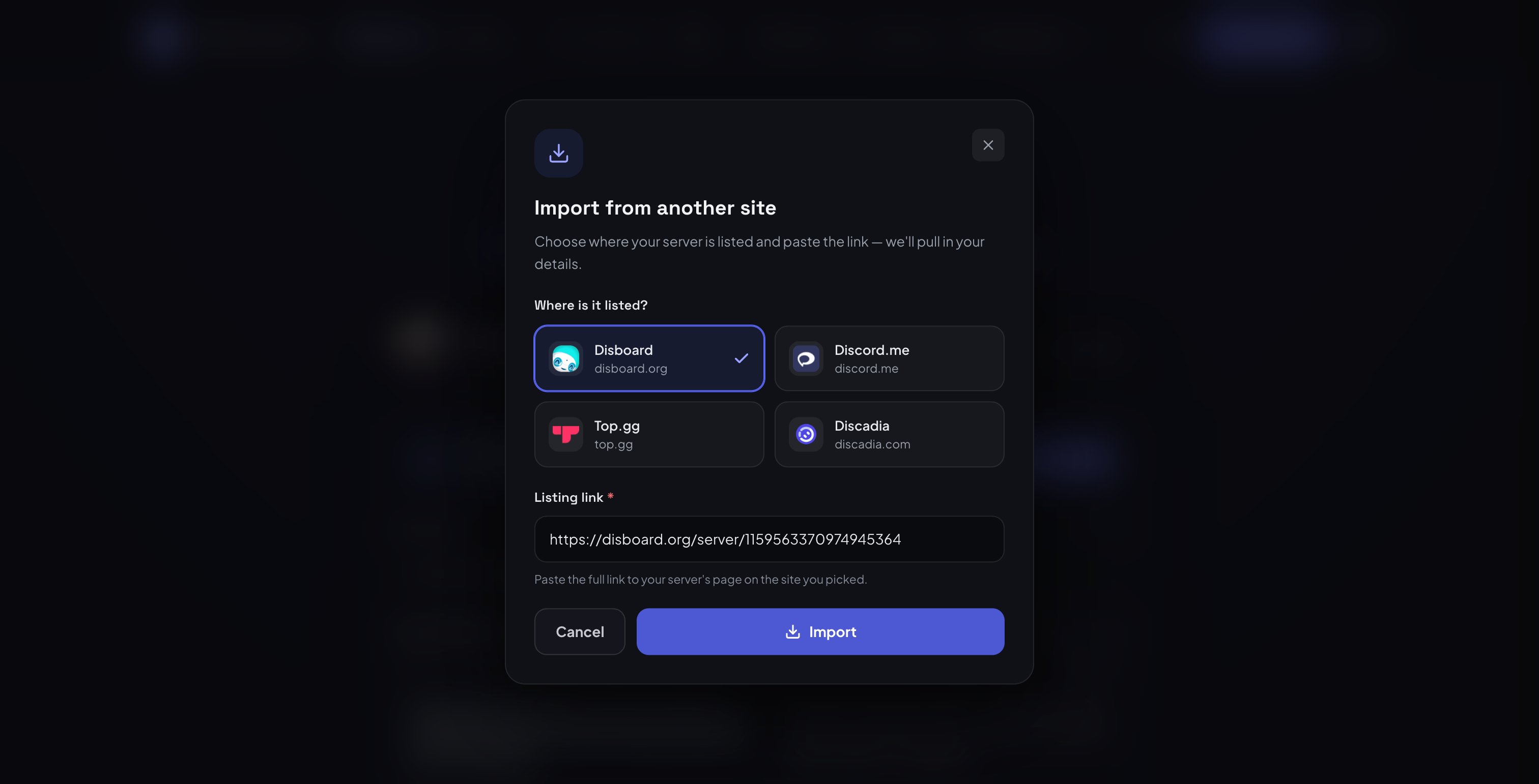 Import from another site window with Disboard, Discord.me, Top.gg, and Discadia as provider options.